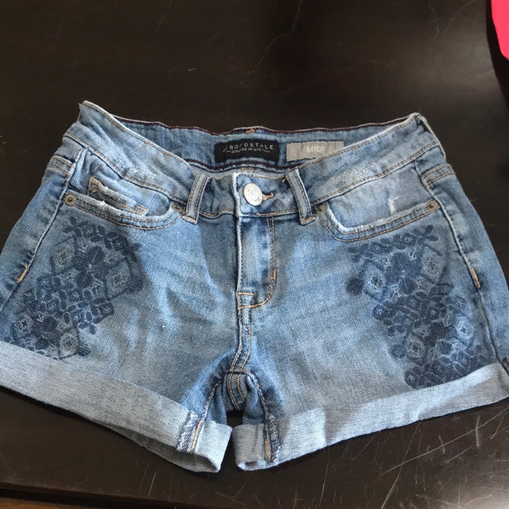 Aeropostale faded embroidered midi jean shorts